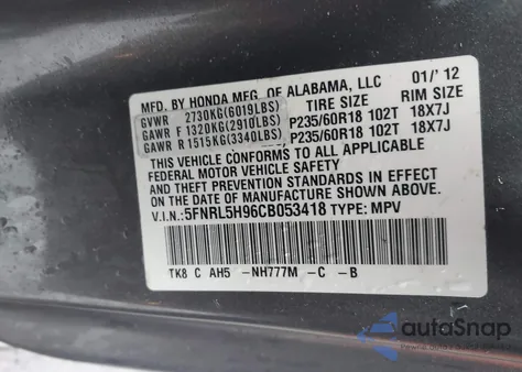 2012 Honda Odyssey Touring/Touring Elite z USA, uszkodzony, nr VIN 5FNRL5H96CB053418